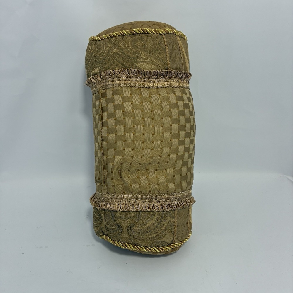 Vtg Bolster Pillow Gold Paisley Fabric Lumbar Fringe Tassel Long Luxurious